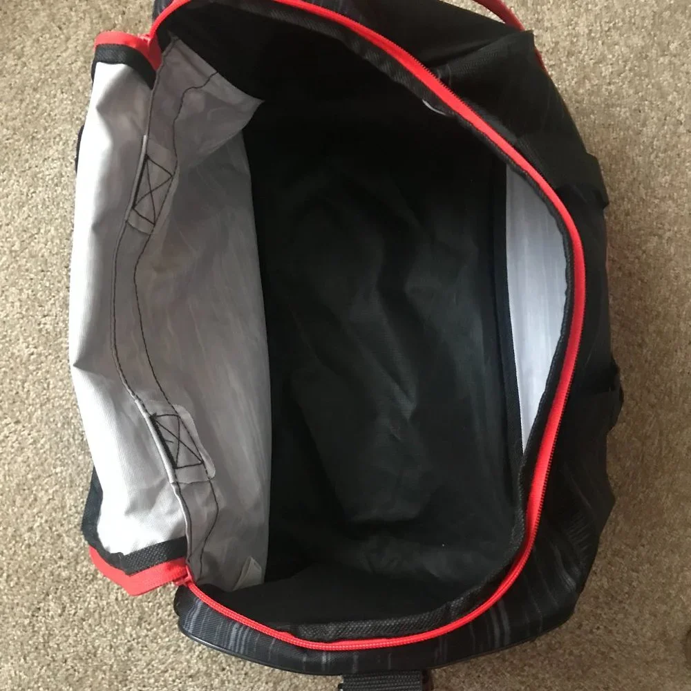 Adidas Black/Gray Duffel Bag w/Red Logo, Zipper & Shoulder Strap - Unisex